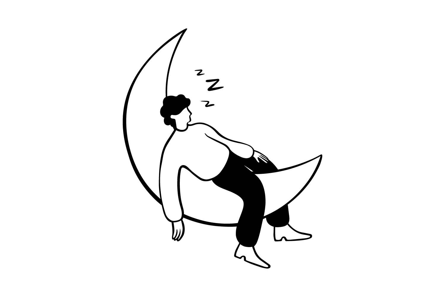 Monochromatische Illustration einer schlafenden Person, die sich an einen stilisierten Mond lehnt. Drei Schlafblasen zeigen, dass die Person schläft.