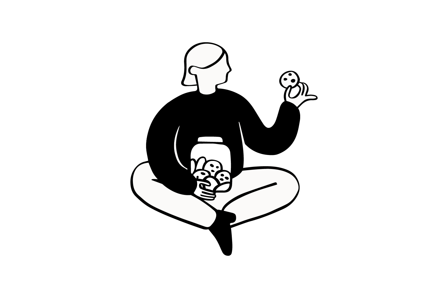 Illustration einer Person im Schneidersitz mit einem Glas voller Emojis, die ein Emoji in der Hand hält