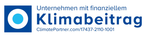 Logo eines Unternehmens mit der Aufschrift 'Unternehmen mit finanziellem Klimabeitrag' neben einem blauen Kreissymbol, darunter eine Webadresse.