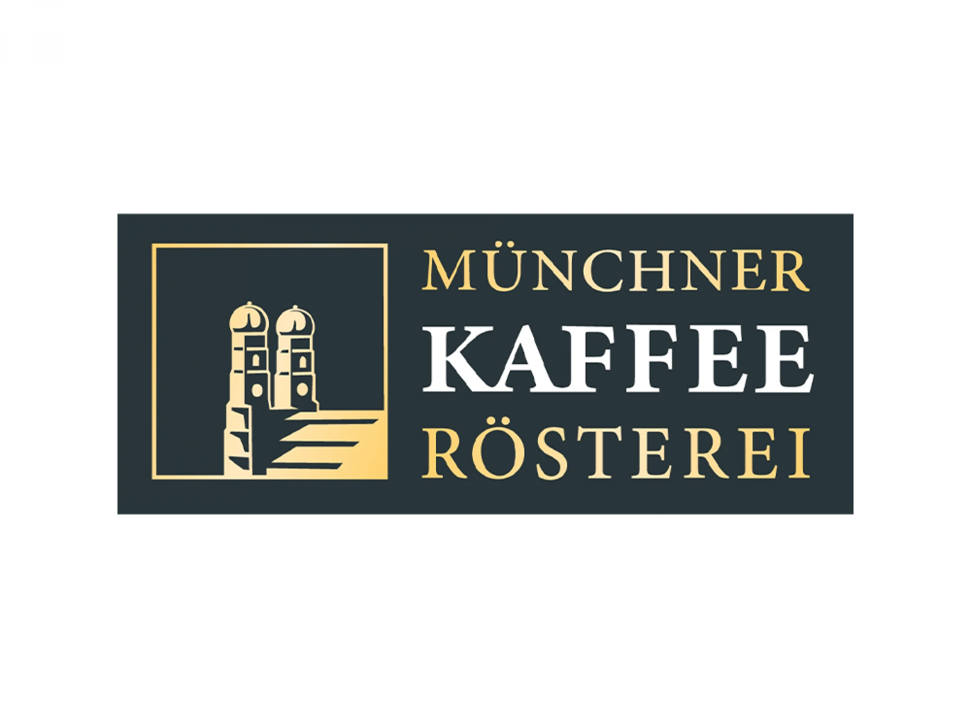 Logo der Münchner Kaffeerösterei mit einer stilisierten Darstellung der Frauenkirche in Gold auf schwarzem Hintergrund und weißem Text