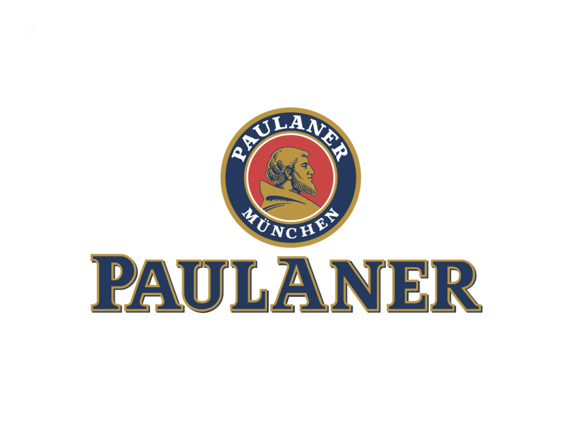 Logo der Paulaner Brauerei München mit einem Porträt eines Mönchs im Profil, umgeben von einem roten Kreis und goldener Schrift auf weißem Hintergrund.