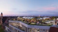 Stilvolles Rooftop-Restaurant 'KALLE Grill' mit verglasten Pavillons und urbanem Garten, beleuchtet in der Abenddämmerung. Gäste genießen die Atmosphäre mit Blick auf die Skyline der Stadt, während das moderne Design mit grünen Elementen harmoniert