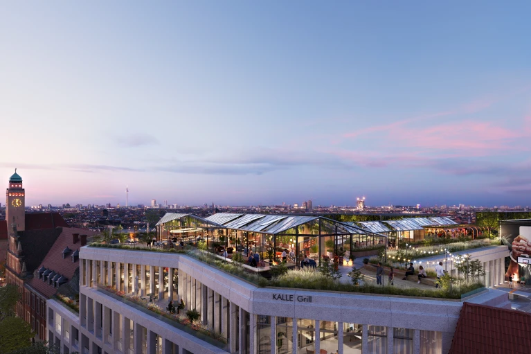 Stilvolles Rooftop-Restaurant 'KALLE Grill' mit verglasten Pavillons und urbanem Garten, beleuchtet in der Abenddämmerung. Gäste genießen die Atmosphäre mit Blick auf die Skyline der Stadt, während das moderne Design mit grünen Elementen harmoniert