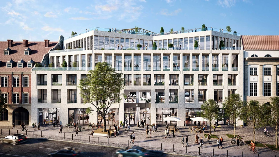 Haupteingang des modernen Gebäudes KALLE, mit offener Architektur, großzügigen Glasfronten und urbanem Platz für Besucher