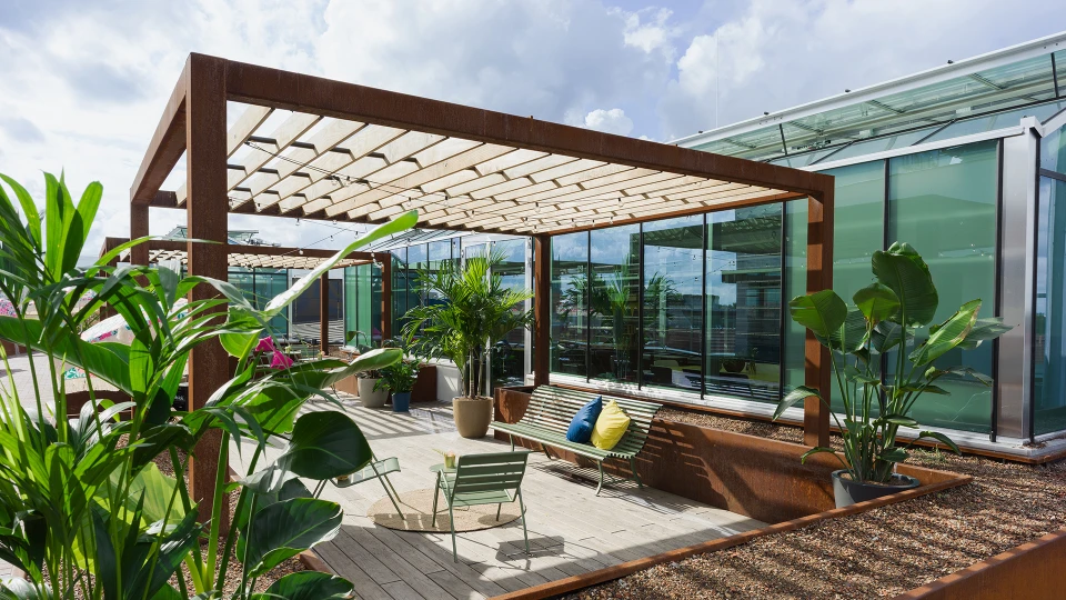 Moderne Dachterrasse mit hölzernem Pergola, eingebettet in üppige Pflanzen, mit Blick auf umliegende Gebäude.