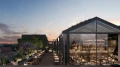 Architektur-Rendering des fertigen Sonnendecks bei Sonnenuntergang mit stimmungsvoll beleuchteter Terrasse und Innenbereich.