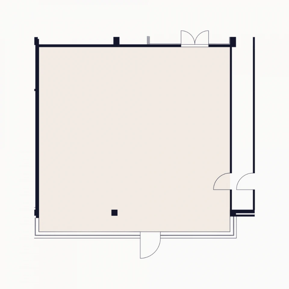 Grundriss eines rechteckigen Veranstaltungsraums mit mehreren Eingangstüren und klar strukturierten Wänden. Die Skizze zeigt eine großzügige Raumaufteilung mit flexiblen Zugangsmöglichkeiten, die sich ideal für Konferenzen oder Seminare eignet. Ein kleines quadratisches Element im Raum könnte auf eine technische Installation oder eine strukturelle Besonderheit hinweisen. Der Plan bietet eine übersichtliche Darstellung der Raumstruktur für eine optimale Eventplanung