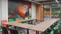 U-förmige Tischanordnung in einem farbenfrohen Besprechungsraum mit Papageien-Wandmotiv im Smartvillage Köln-Mülheim.