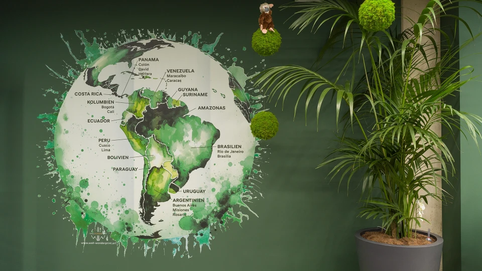 Künstlerische Darstellung einer Weltkarte mit Fokus auf Südamerika an einer grünen Wand, umgeben von Zimmerpflanzen und hängenden Pflanzenkugeln.