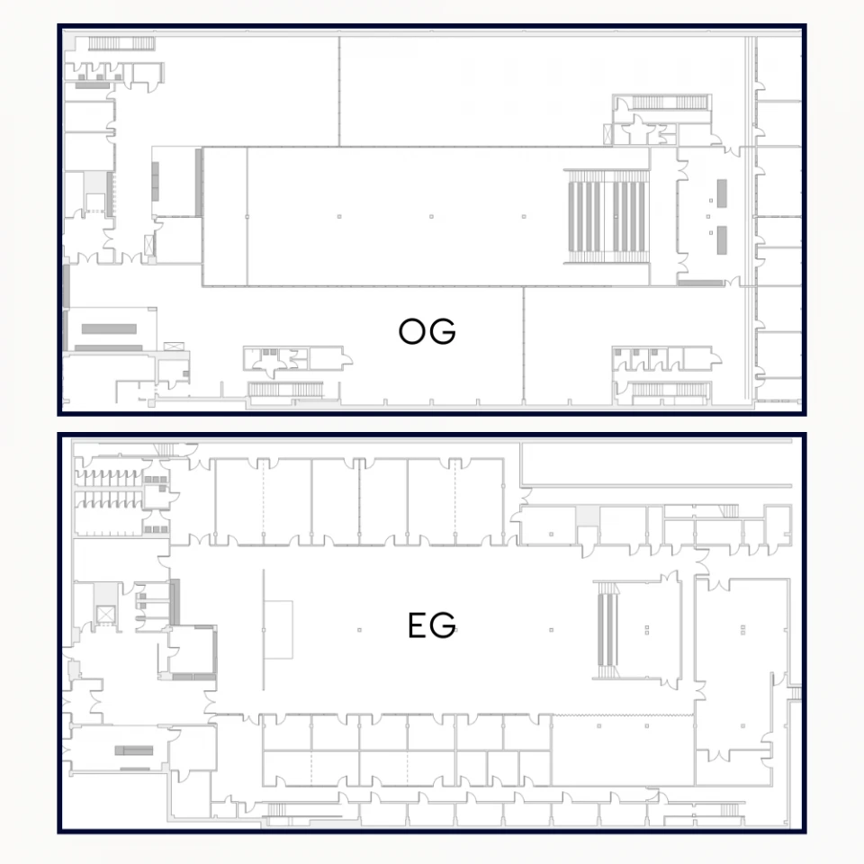 Architektonische Grundrisse eines Gebäudes mit zwei Ebenen, beschriftet als OG (Obergeschoss) und EG (Erdgeschoss), detailliert gezeichnet mit Räumen und Strukturen.