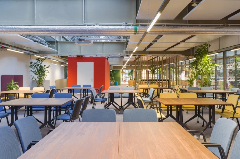 Bar- und Loungebereich mit Hochtisch, Kühlschränken, Lampenschirmen aus Bast und vielen Pflanzen.