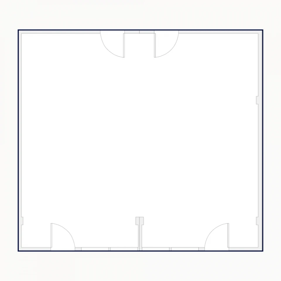 Technische Zeichnung eines leeren Raumes mit zwei Türen an gegenüberliegenden Wänden und einer Zeichnung eines Tisches in der Mitte.