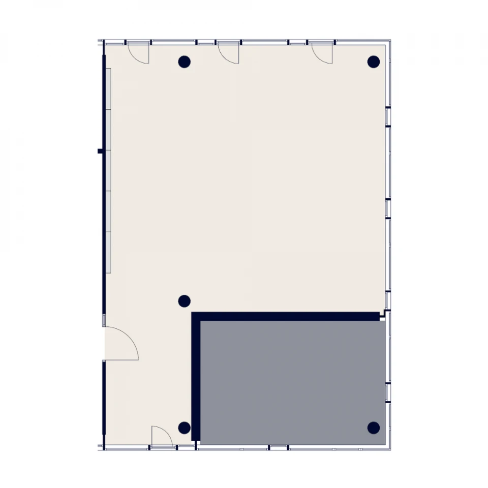 Grundriss der Almhütte im smartvillage Schwanthalerhöhe mit Raumaufteilung und Eingängen.