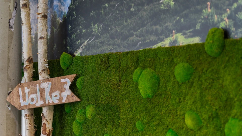 Kreative Darstellung einer Landschaft mit einem Schild 'Wolke?' vor einem Hintergrund aus Moos und Birkenstämmen, neben einem Gemälde von Bäumen.