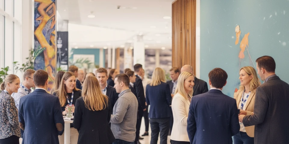 Eine Gruppe von Geschäftsleuten unterhält sich in einem hellen Flur mit moderner Kunst an den Wänden