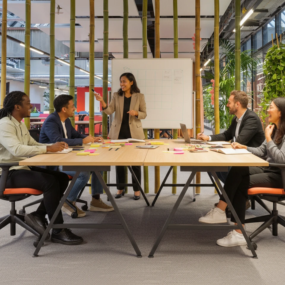 Fünf Personen in einem Büro, eine Frau steht und präsentiert, vier andere sitzen um einen Tisch herum und hören zu.