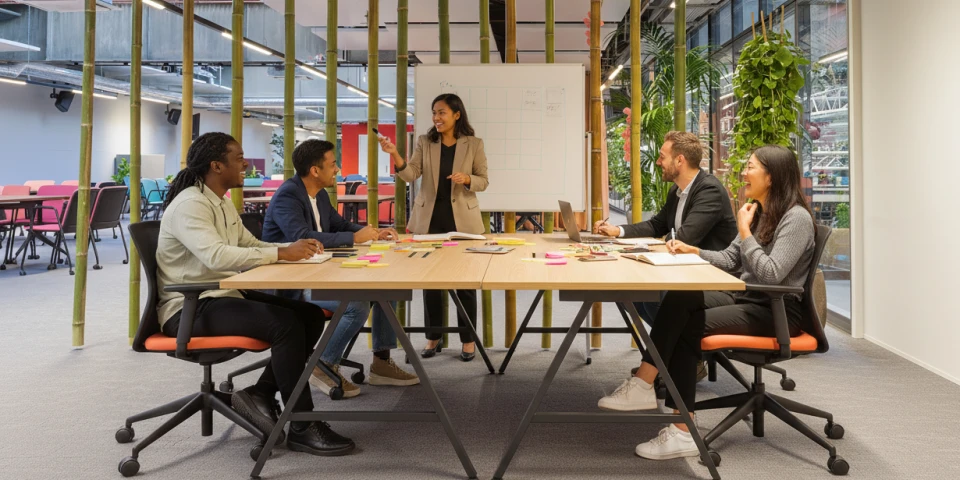 Fünf Personen in einem Büro, eine Frau steht und präsentiert, vier andere sitzen um einen Tisch herum und hören zu.