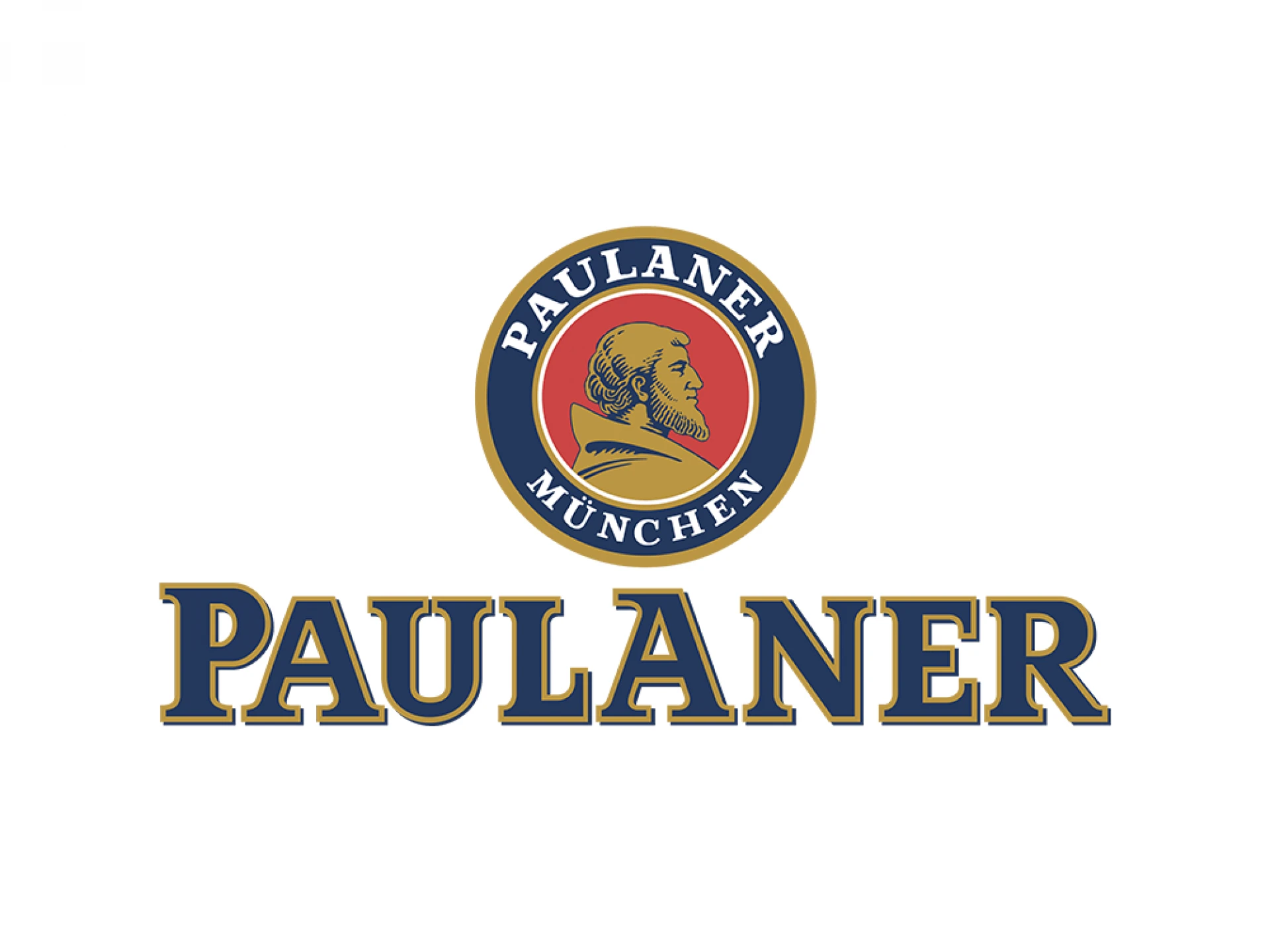 Logo der Paulaner Brauerei, mit einem Porträt eines Mönchs im Profil, umgeben von den Worten 'Paulaner München' in einer blauen und goldenen Umrandung.