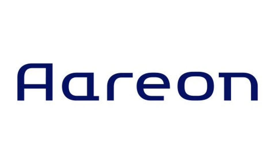 Logo der Marke Aareon in dunkelblauer Schrift auf weißem Hintergrund