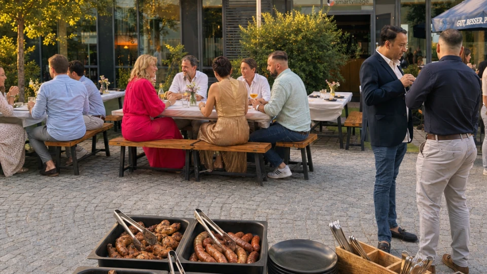 Menschen essen und unterhalten sich an Tischen im Freien bei einem Grillbuffet mit verschiedenen Fleischsorten auf einem Stadtplatz.