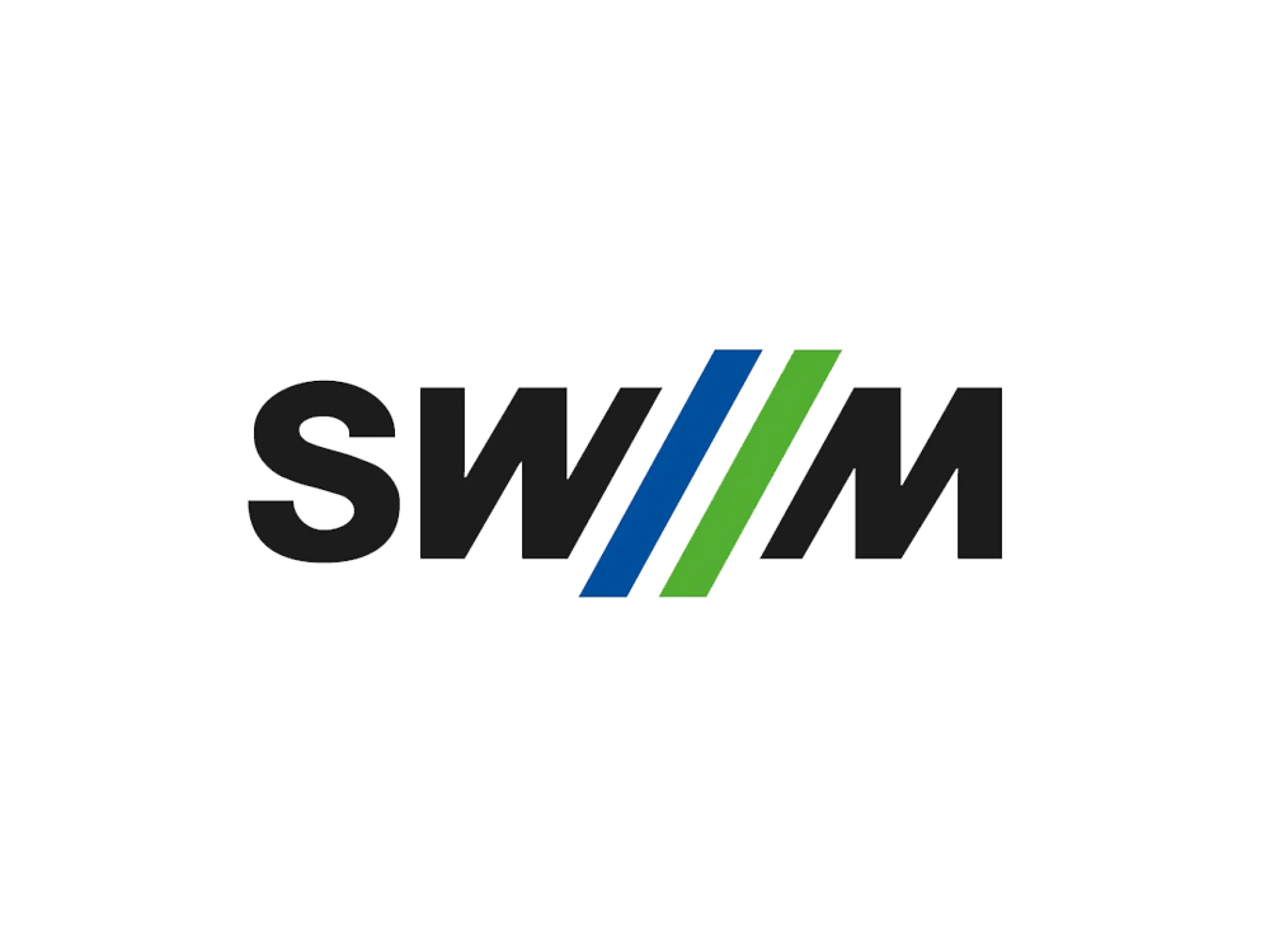 Logo featuring the word 'SW/M' where the 'M' is represented by three diagonal lines in black, blue, and green.